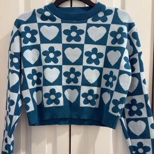 Debut Floral Heart Checkered Sweater - Blue and White